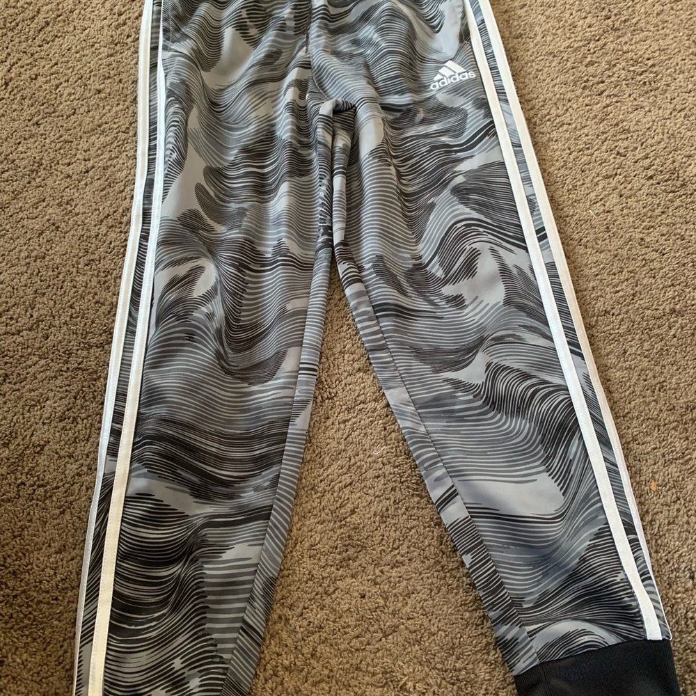 Adidas Gray and Black Sweatpants with Three-Stripe Design